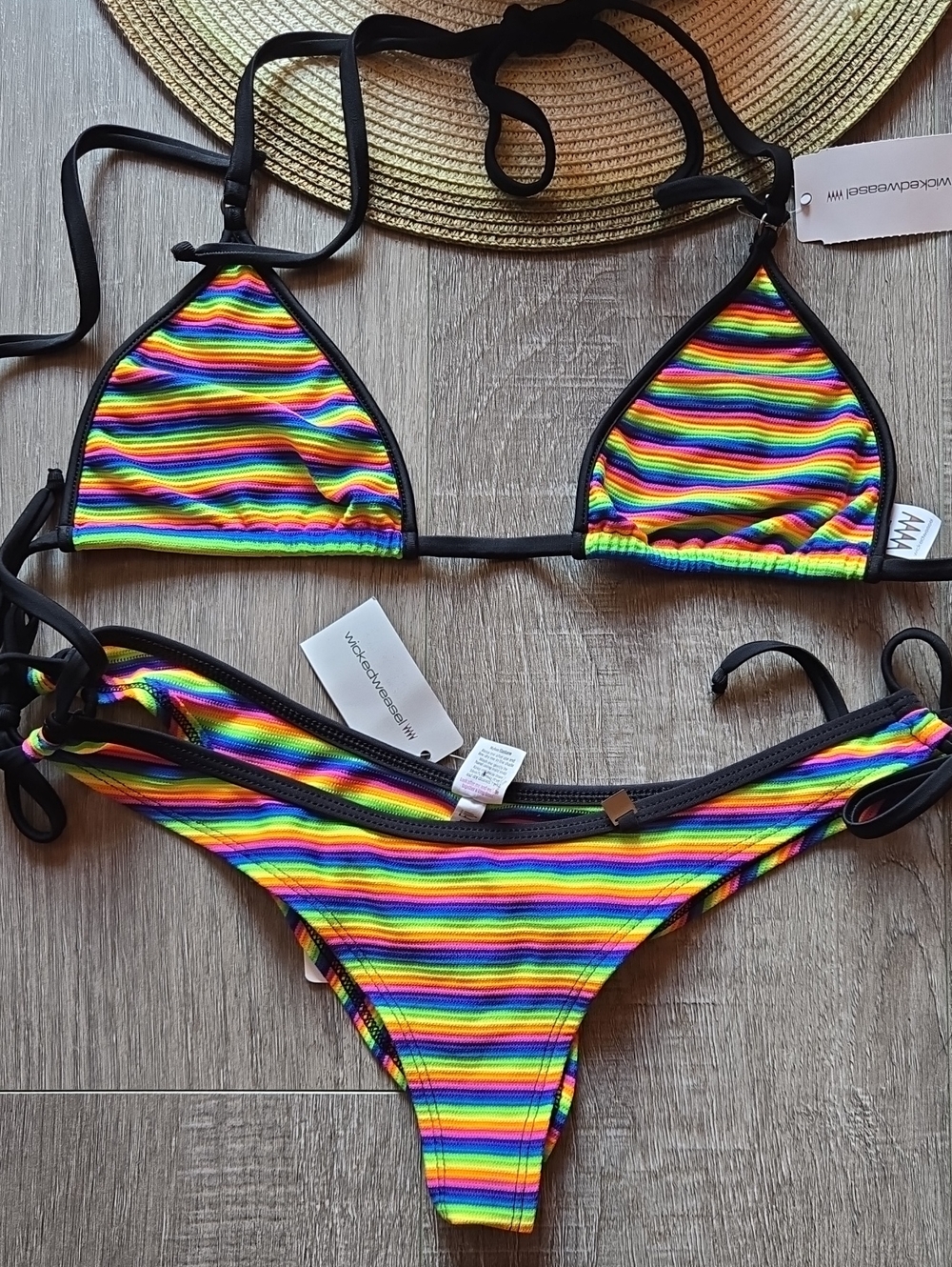 NWT Wicked Weasel Fiesta Rainbow Stripe Triangle Bikini - Black Trim. Large